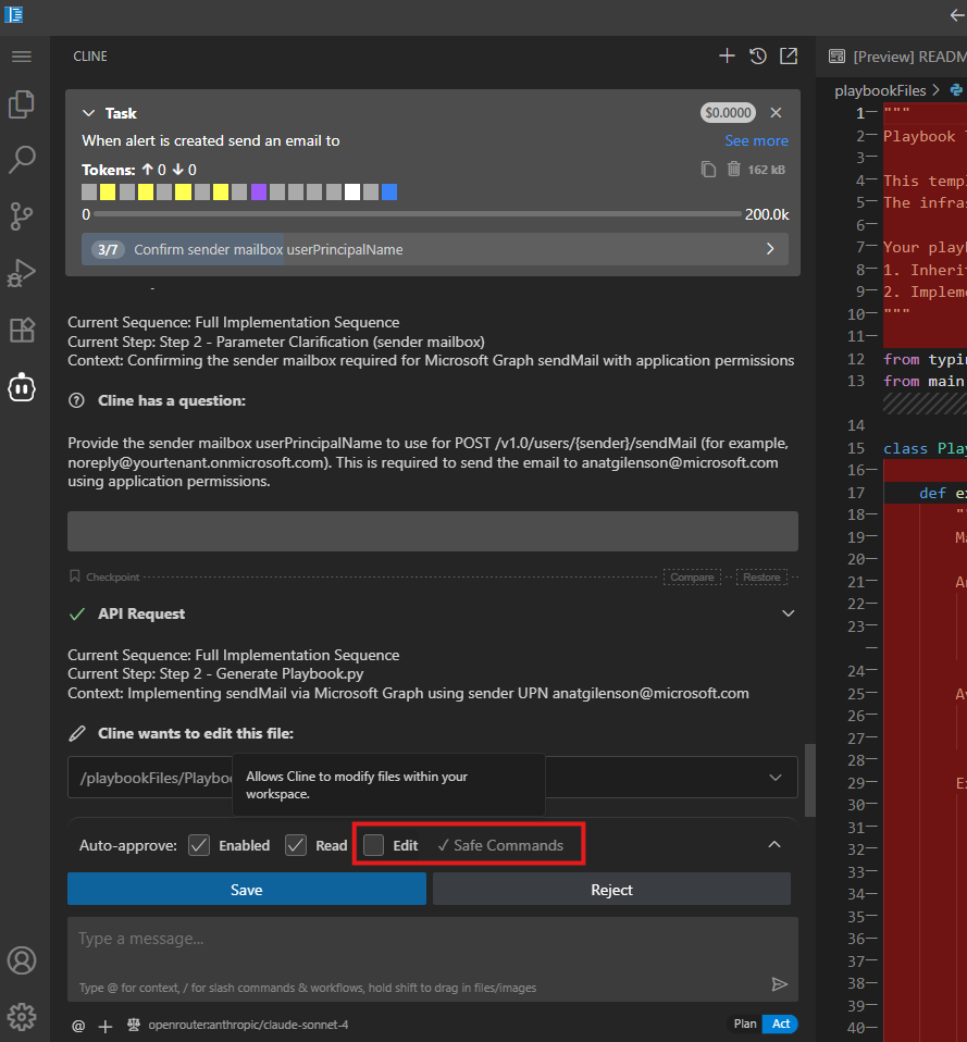 Playbook generator in Act mode with Auto-approve